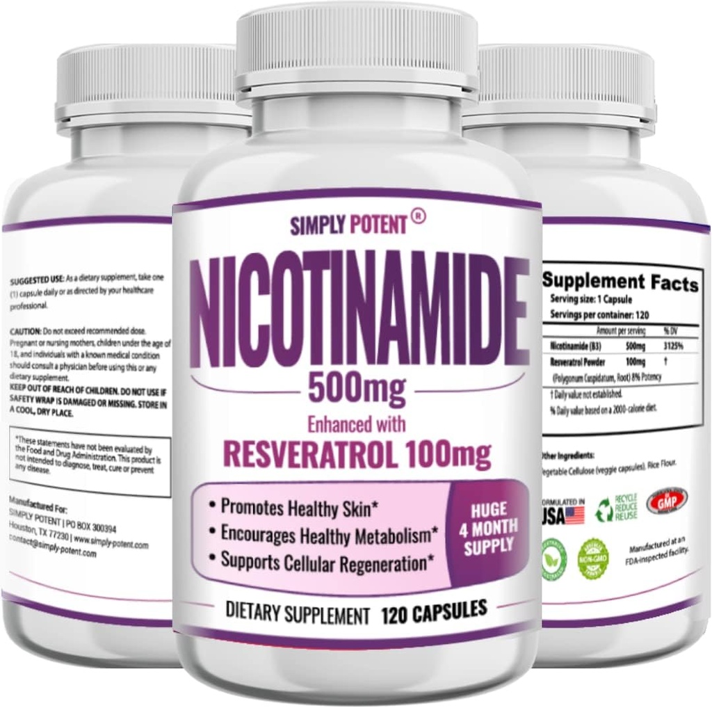 Nicotinamide 500mg avec Resveratrol 100mg - 120 Capsules de Véggie - Pilules de supplément de vitamine B3 pour soutenir NAD, santé des cellules de peau et énergie