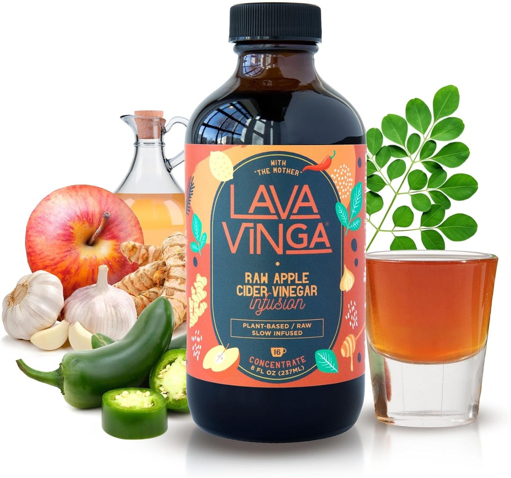 VINGA Lava Pomme crue cidre Vinegar Cidre de feu avec Moringa Oleifera pressé à froid, 8 onces, traitement naturel à froid et à la grippe et système immunitaire Booster, antioxydant Rich Superfood avec 92 nutriments essentiels