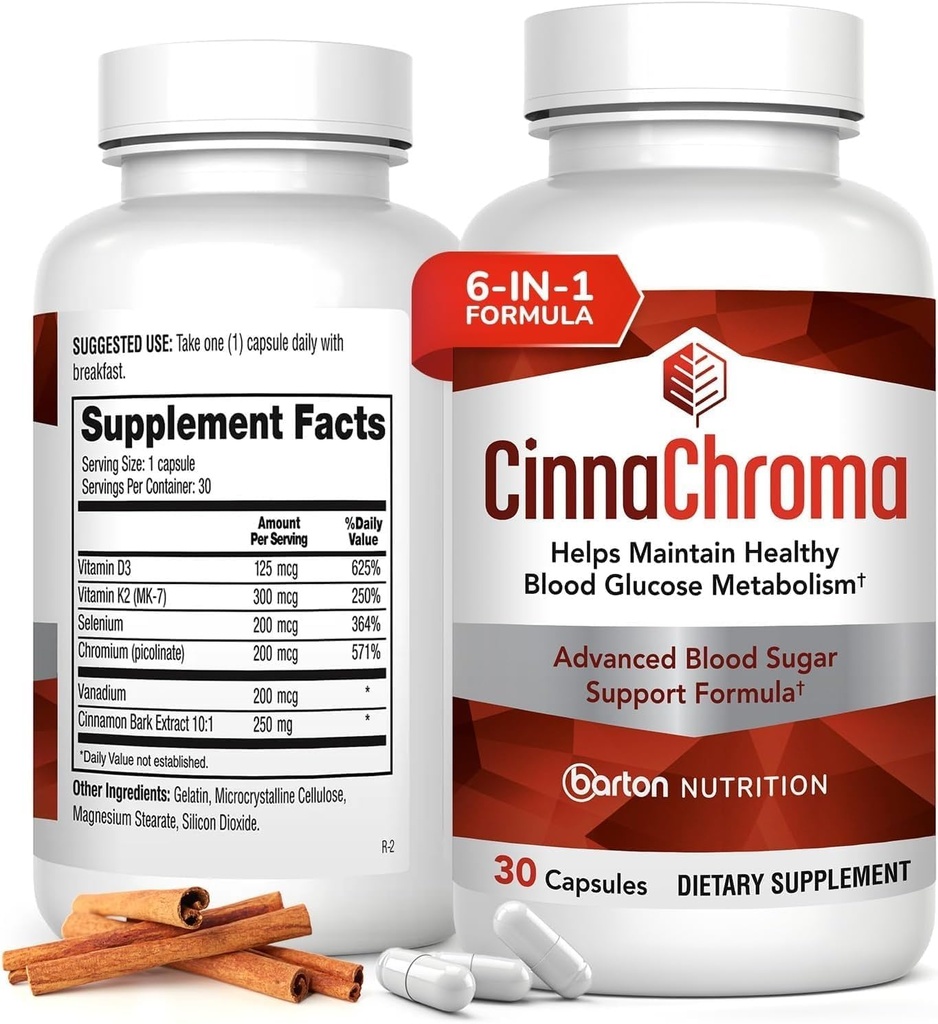 Capsules de CinnaChroma - Suppléments de cannelle avec 10:1 Extrait, Chrome, Vanadium, Sélénium, Vitamine D3 & K2 - Blocker de sucre naturel - 30 capsules, 1 mois d'approvisionnement