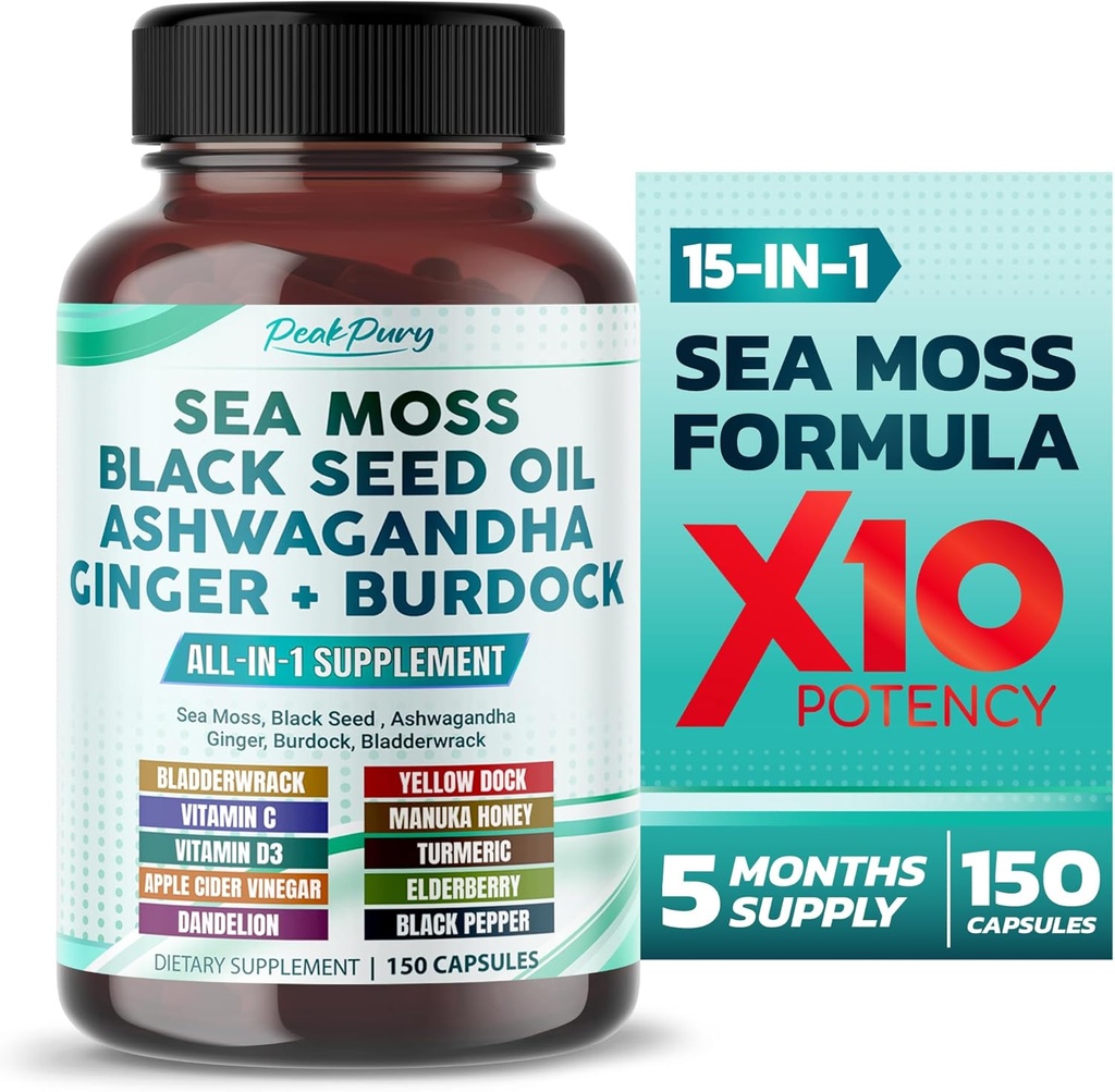 Sea Moss Black Seed Oil Ashwagandha Ginger Burdock Bladderwrack - Immunity Support - Made in USA
