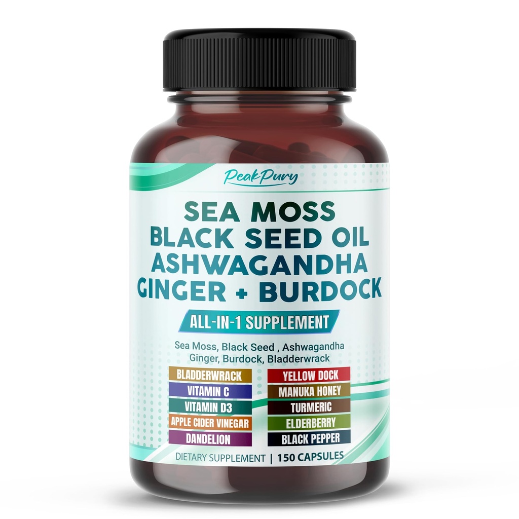 Sea Moss Black Seed Oil Ashwagandha Ginger Burdock Bladderwrack - Soutien immunitaire - Fabriqué aux États-Unis