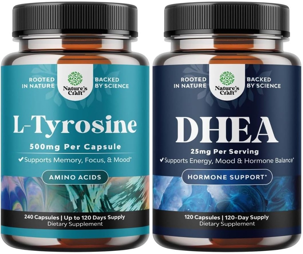 Lot de capsules de forme libre L Tyrosine 1000mg - Amino Acid Nootropic pour Mood Focus Attention et performance cognitive et supplément DHEA pour l'équilibre hormonal - Déhydroépiandrostérone pour adultes