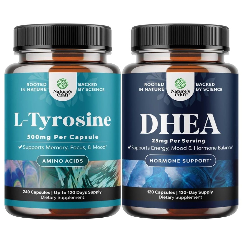 Lot de capsules de forme libre L Tyrosine 1000mg - Amino Acid Nootropic pour Mood Focus Attention et performance cognitive et supplément DHEA pour l'équilibre hormonal - Déhydroépiandrostérone pour les adultes