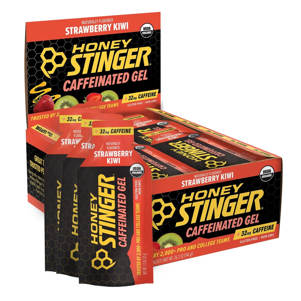 Miel Stinger Strawberry Kiwi gel d'énergie, caféiné et sans gluten avec du miel biologique, pour l'exercice, la course et la performance, la nutrition sportive pour la maison et le gym, pré et mi-entraînement, 24 Pack