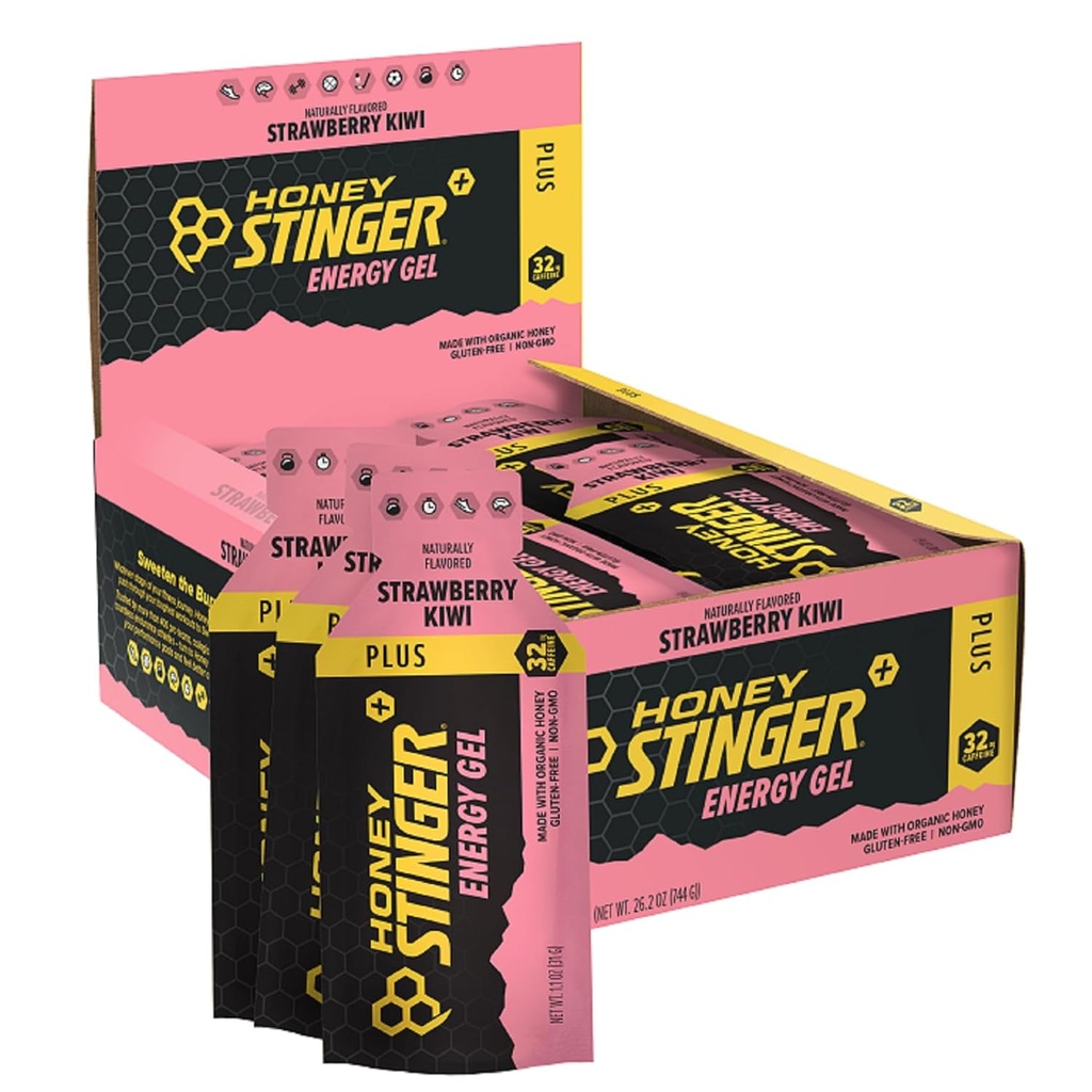 Miel Stinger Strawberry Kiwi gel d'énergie, caféiné et sans gluten avec du miel biologique, pour l'exercice, la course et la performance, la nutrition sportive pour la maison et le gym, pré et mi-entraînement, 24 Pack