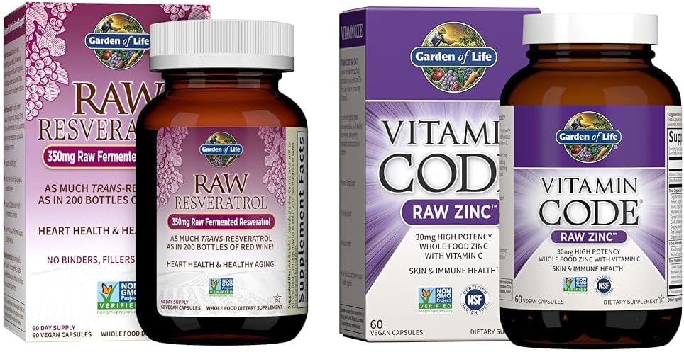 Jardin de la vie Resveratrol Supplément et supplément de zinc 30mg Zinc brut haute puissance et supplément multiminéral vitamine C