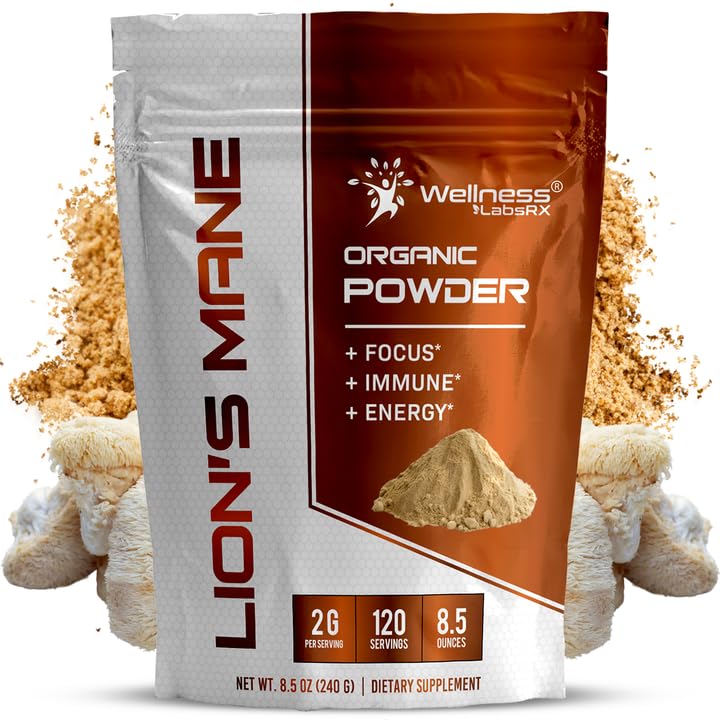 WELLNESS LABSRX Lions en poudre de la Mane, supplément de champignons - 2000mg - Lions en supplément de la Mane - Lions en poudre de champignons suppléments de cerveau pour la mémoire et la concentration, le soutien immunitaire et la santé - 120 services