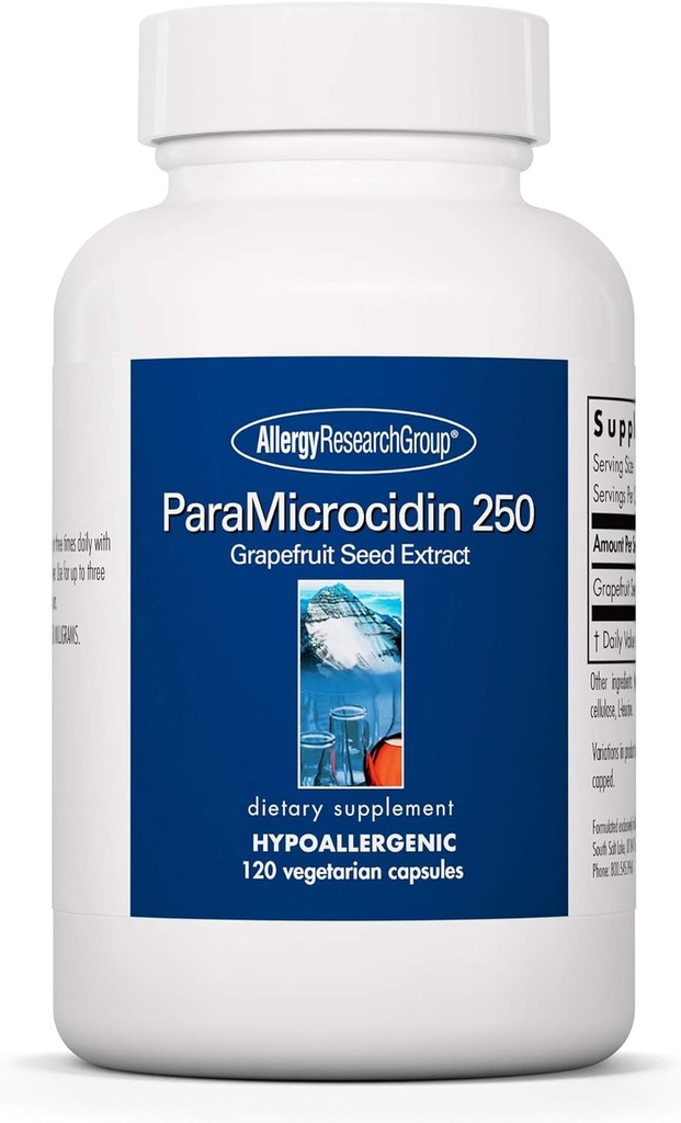 Allergy Research Group ParaMicrocidin 250 Supplément - Extrait de graines de pamplemousse 500mg, Soutient la fonction métabolique, Sans contaminants, Capsules végétariennes - 120 Compte