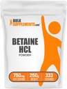 BulkSupplements.com Poudre de HCl bétaïne - Supplément de chlorhydrate de bétaïne, Support digestif - Sans gluten, 750mg par portion, 250g (8,8 oz) (paquet de 1)
