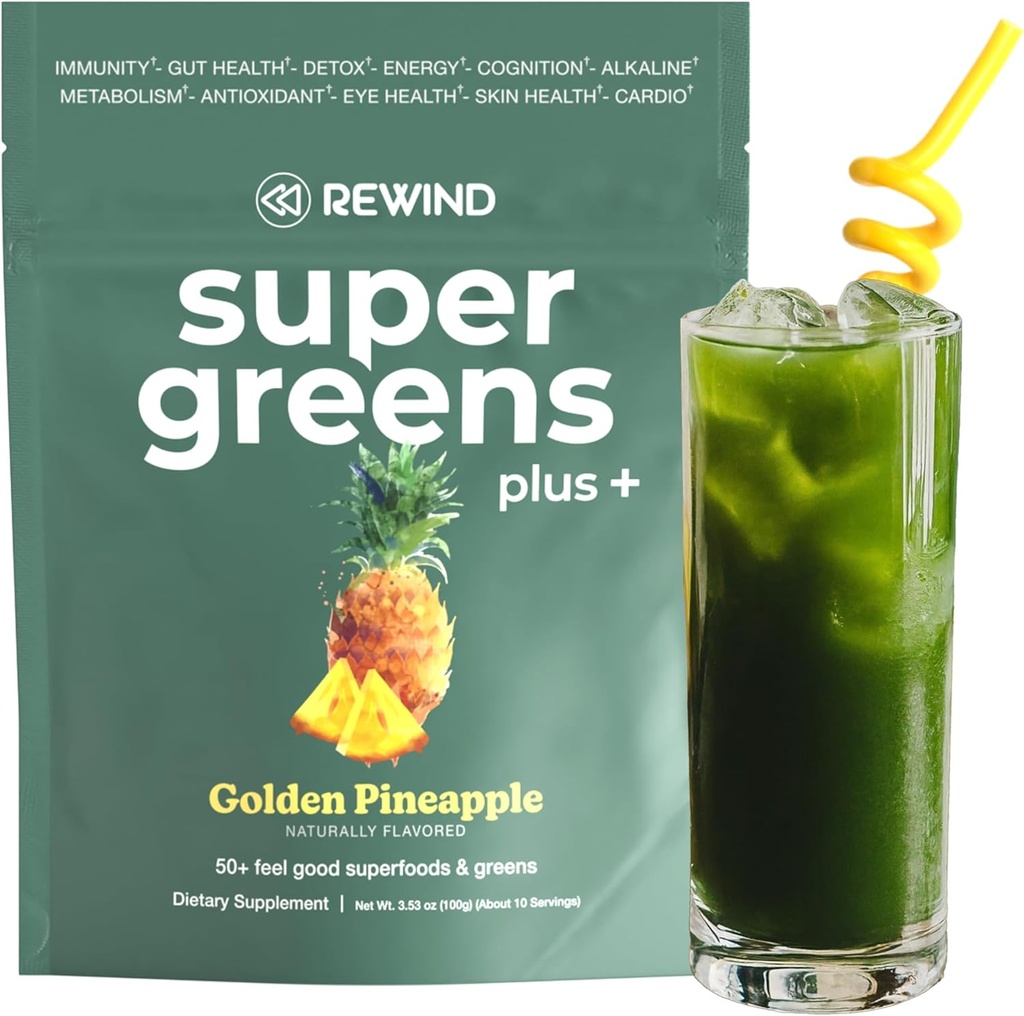 Poudre Super Greens avec 50+ Superfoods – Jus vert quotidien pour toute la famille – Délicieux mélange de poudre verte – Arôme d'ananas doré - 10 portions