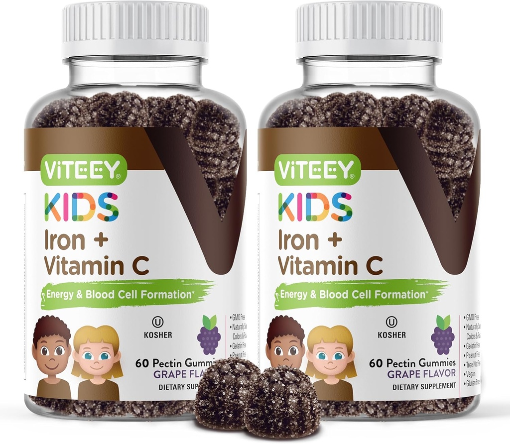 VITEEY Fer pour les enfants avec de la vitamine C - Supporte l'énergie, la formulation de cellules sanguines, le sang Constructeur Anémie Enfants suppléments de fer - Vegan, sans gélatine, sans gluten - Gummy goûté au raisin