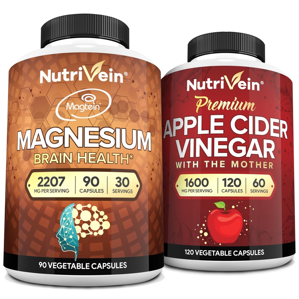 Nutrivein Premium Capsules de vinaigre de cidre de pomme et ensemble de L-Thréonate de magnésium: supplément de thréonate de magnésium à haute absorption et suppléments de vinaigre de cidre de pomme pour le cerveau, le gant et le bien-être général