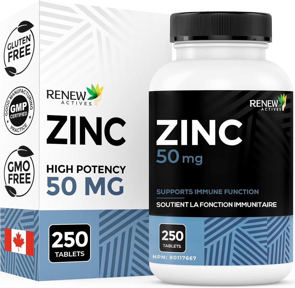 Renouveler les suppléments de zinc actifs 50MG par portion - essentiels à la santé immunitaire, aux os forts et à la promotion de cheveux, ongles et peau à éclater sains pour une utilisation quotidienne - Fabriqué au Canada - 250 comprimés