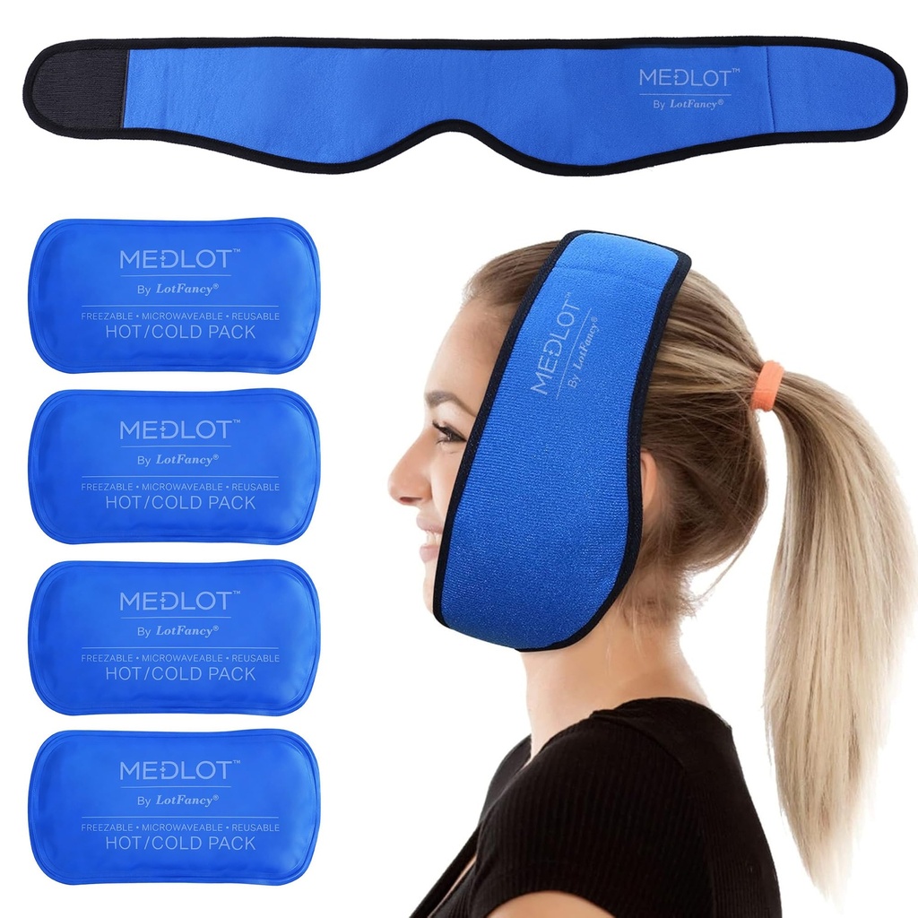 LotFancy Face Ice Pack Wrap pour TMJ, Sagesse Dents, avec 4 gels de thérapie à froid réutilisables, soulagement de la douleur pour la tête, chirurgie orale et faciale, implants dentaires, bleu