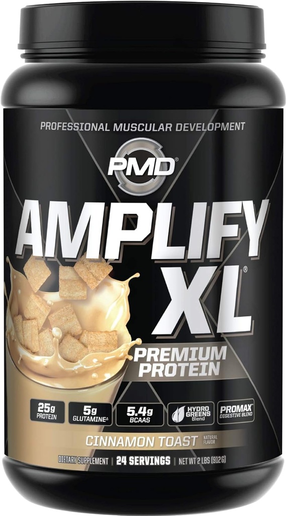 PMD Sports Amplify XL Premium Whey Protéines Supplément Hydro Greens Blend - Glutamine et protéines de lactosérum avec super-aliments pour le muscle, la force et la récupération - Cinnamon Toast (24 portions)