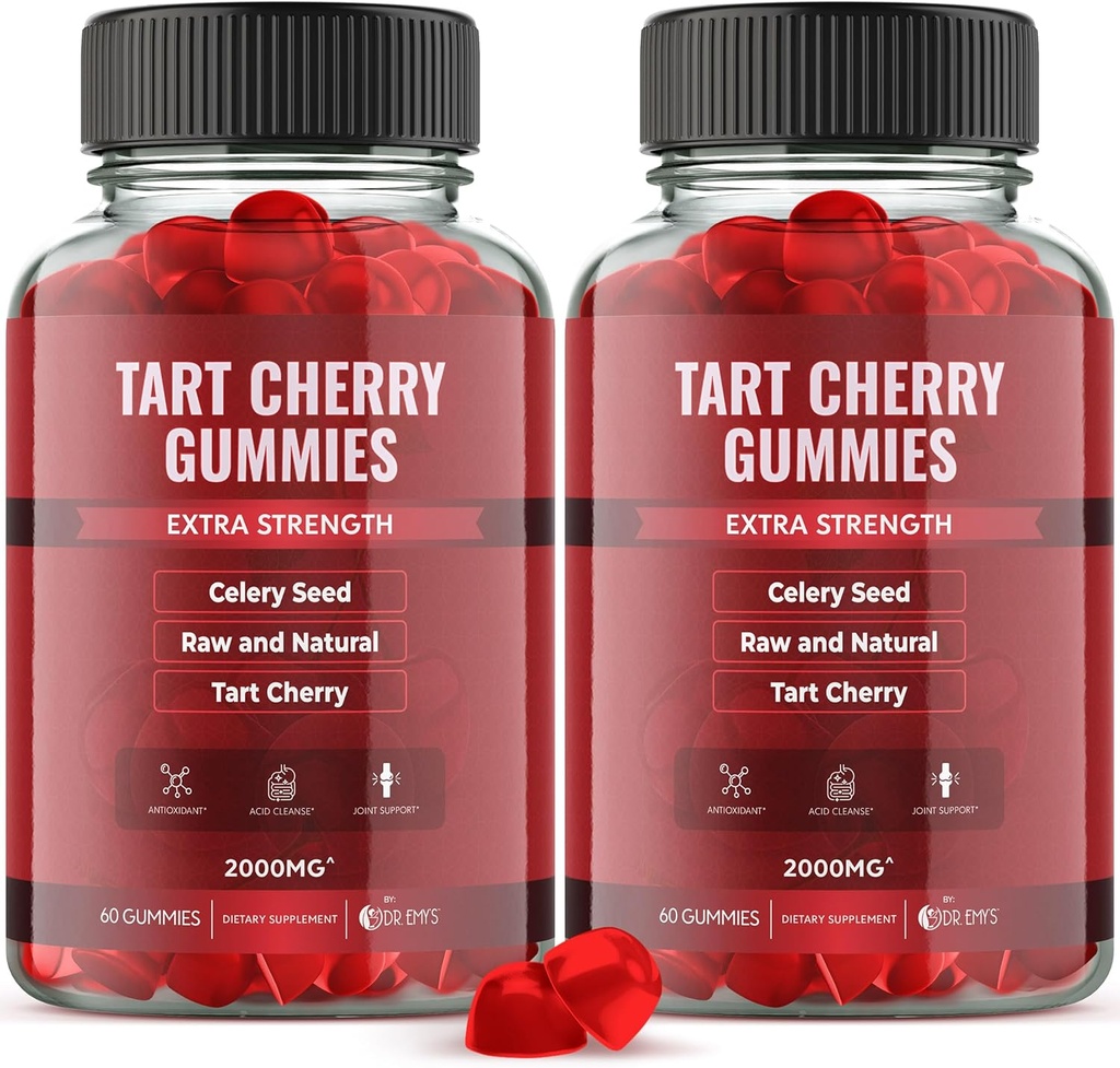 Extrait de tart cerise de Dr. Emy 2000mg* Supplément de gommy + Extrait de graines de céleri 400mg*, cru et naturel – non-OGM - Sans gluten et sans gélatine Vegan, nettoyant d'acide urique articulaire confort
