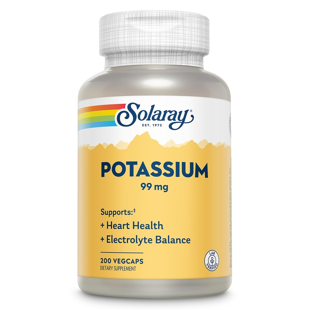 Solaray Potassium 99 mg - Formule d'équilibre des électrolytes - Supplément de potassium pour les électrolytes, le soutien de la santé vasculaire et cardiaque - Garantie de remboursement de 60 jours, laboratoire vérifié, 200 portions, 200 VegCaps
