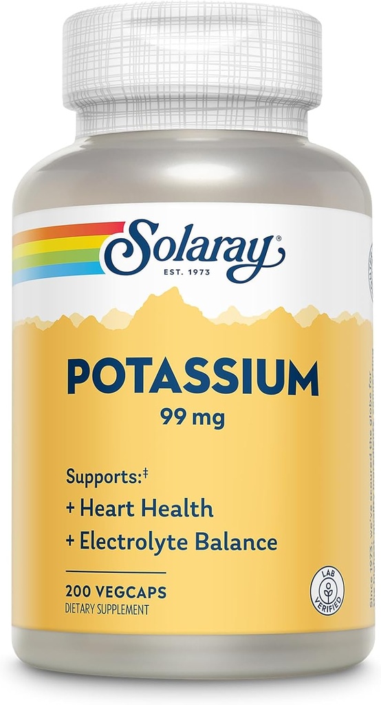 Solaray Potassium 99 mg - Formule d'équilibre des électrolytes - Supplément de potassium pour les électrolytes, le soutien de la santé vasculaire et cardiaque - Garantie de remboursement de 60 jours, laboratoire vérifié, 200 portions, 200 VegCaps