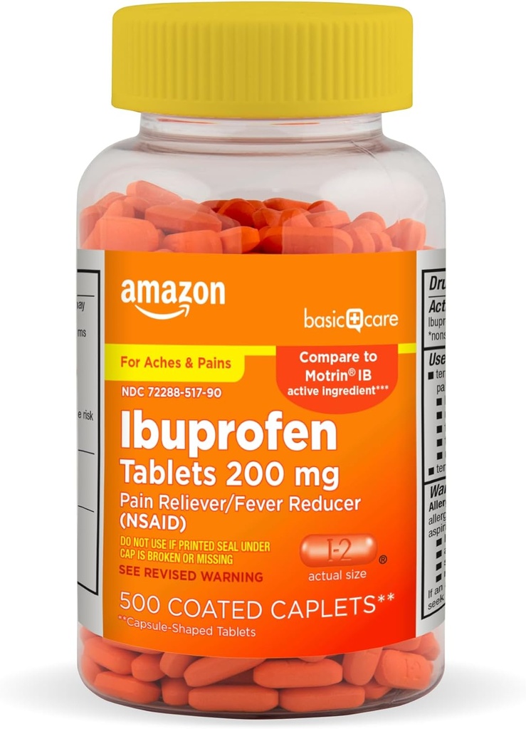 Amazon Basic Care Ibuprofen Tablets, 200 mg, Pain Reliever/Fever Reducer, 500 Count