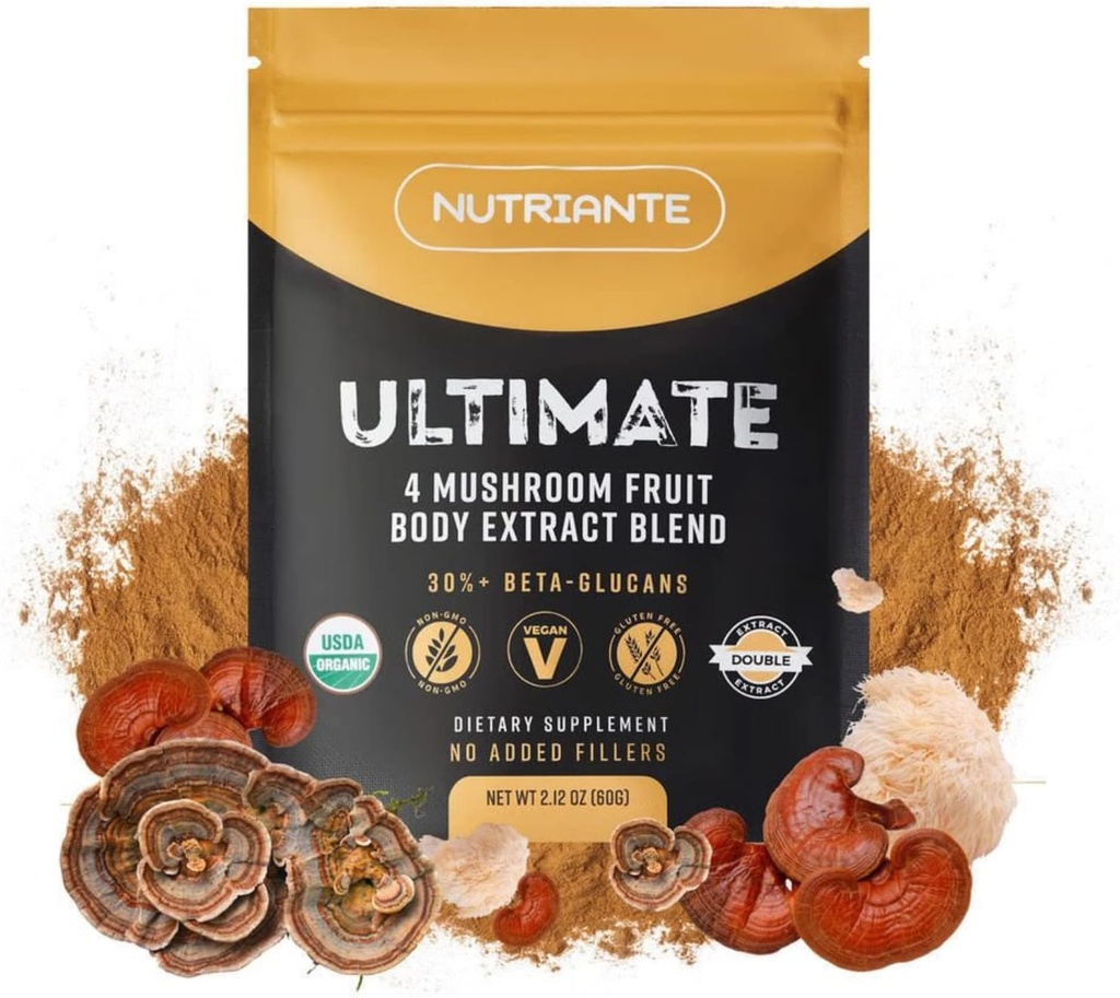 Ultimate Mushroom Master Blend Powder – Double-Extracted, 4 Mushroom Complex avec Reishi, Lion, Turkey Tail et Cordyceps – Supplément de soutien immunitaire pour la santé optimale, 2,12 oz