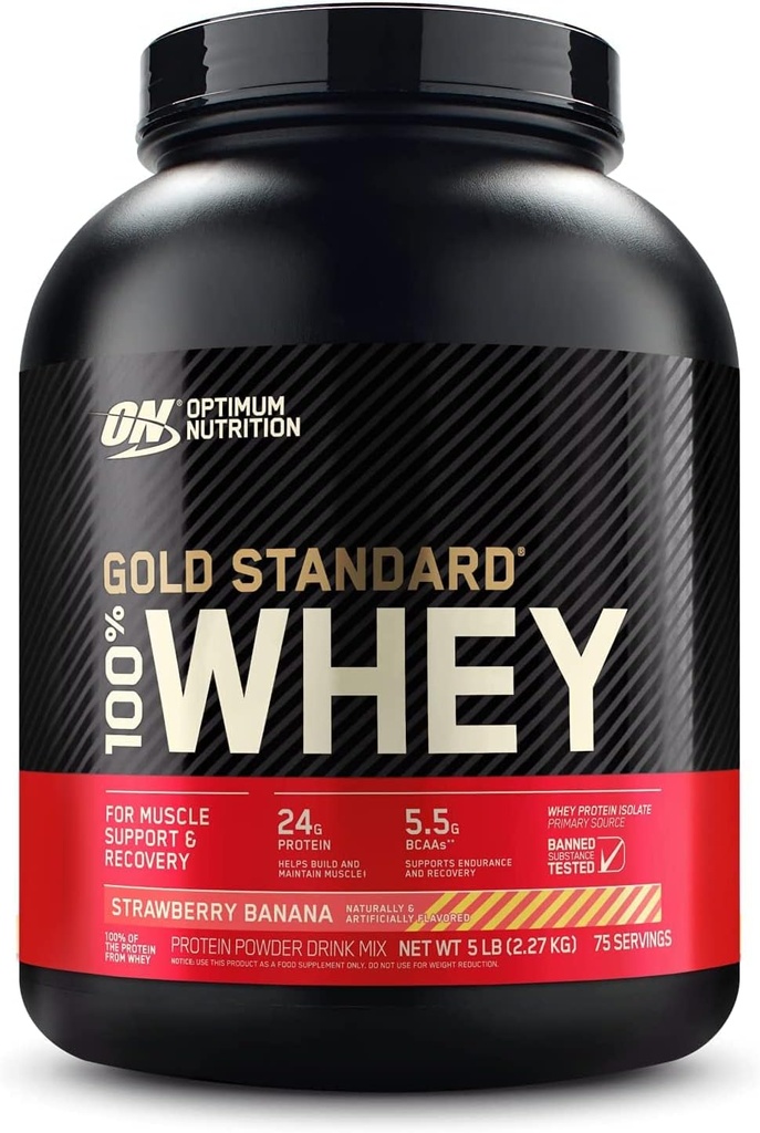Optimum Nutrition Or Standard 100% poudre de protéines de lactosérum, banane fraise, 5 livres (paquetage mai Vary)