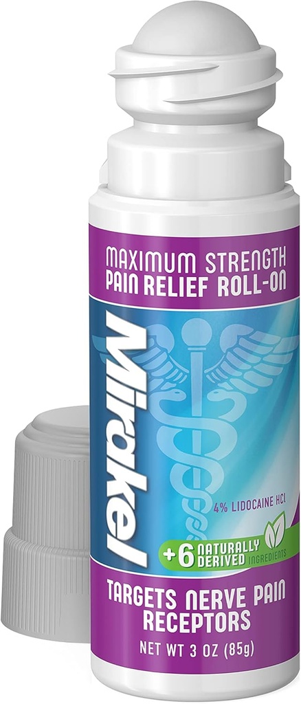 MIRAKEL Nerve Pain Relief Roll-on, Force maximale Lidocaïne pour soulager la douleur dans les orteils, les pieds, les doigts, les mains, les jambes et les bras, 3 oz