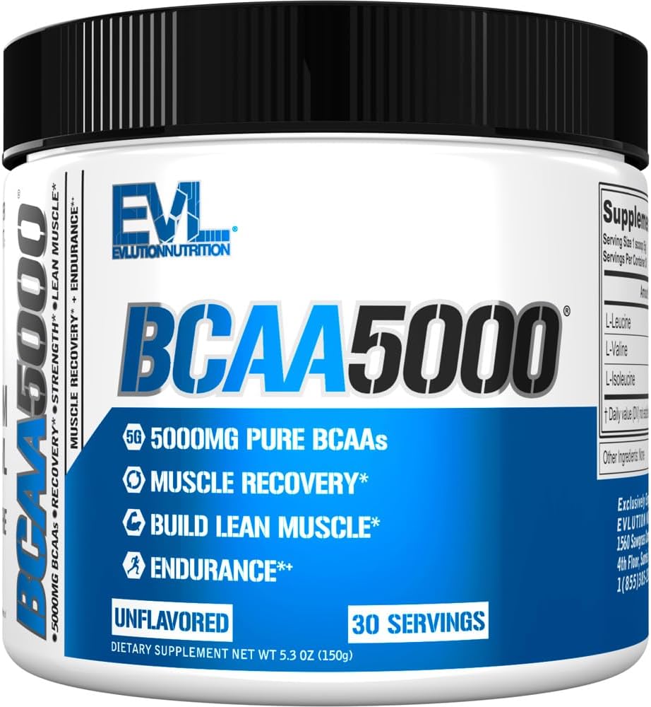 Evlution EVL BCAAs Amino Acides Poudre - BCAA Poudre après l'entraînement Recovery Drink and Stim Free Pre Workout Energy - 5g Branched Chain Acids Amino Supplément pour les hommes - Non aromatisé