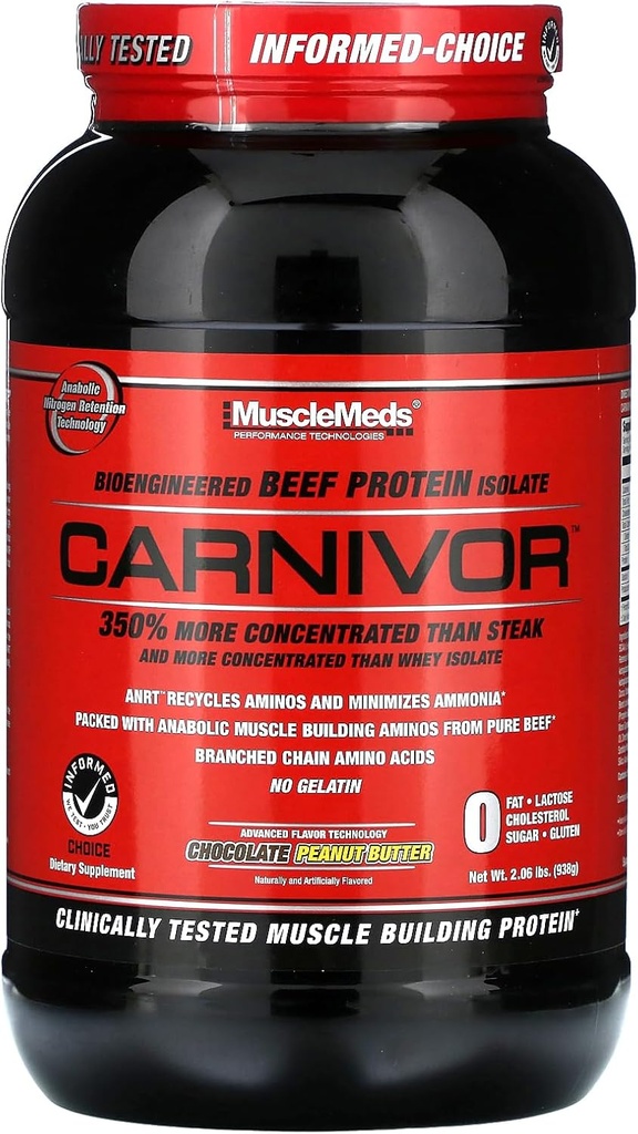 MuscleMeds Carnivor Poudre Isolée de protéines de boeuf, 23 Grams Protéines, 0 Graisse, 0 Sucre, 0 Cholestérol, Sans lactose, Beurre d'arachide au chocolat, 2,2 livres, 28 portions