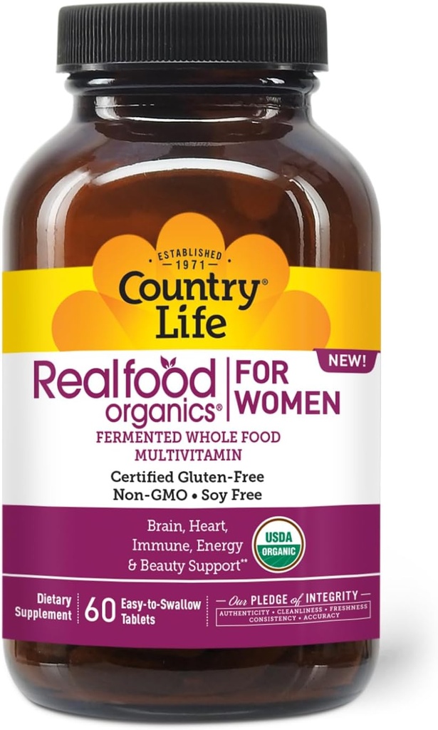Country Life Realfood Organics Femmes Multivitamines – USDA Organic, Vegan, sans gluten – 1.300mg Fermented Whole Foods, Vitamines D, E, B, Folate & Biotine – Daily Energy & Beauty – 60 comprimés