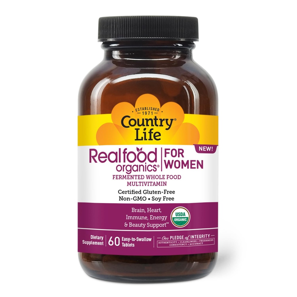 Country Life Realfood Organics Femmes Multivitamines – USDA Organic, Vegan, sans gluten – 1.300mg Fermented Whole Foods, Vitamines D, E, B, Folate & Biotine – Daily Energy & Beauty – 60 comprimés