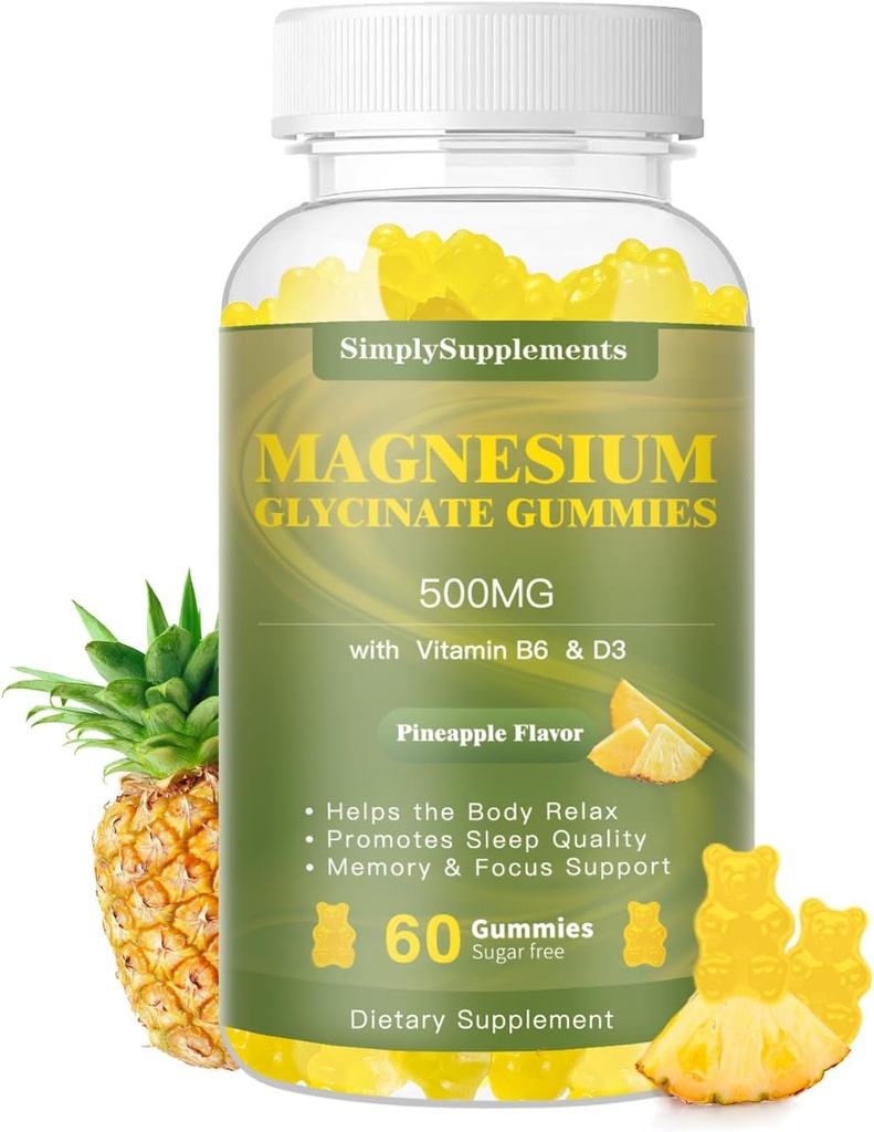 Glycinat de magnésium 500mg, supplément de magnésium à croquer avec vitamine D3, B6, CoQ10, pour la relaxation, le sommeil et l'humeur, Gummy de magnésium calme - 60 Gummées d'ananas