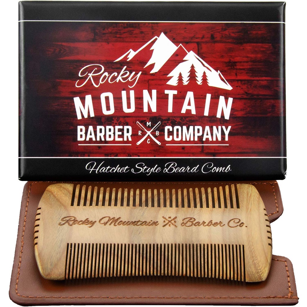 Peigne à barbe - Sandalwood Natural Hatchet Style pour cheveux - Anti-Static & No Snag, Brosse Contour à Dent Large et Fine Fabriquée à la main Best for Beard & Moustache with Carry Case Pouch