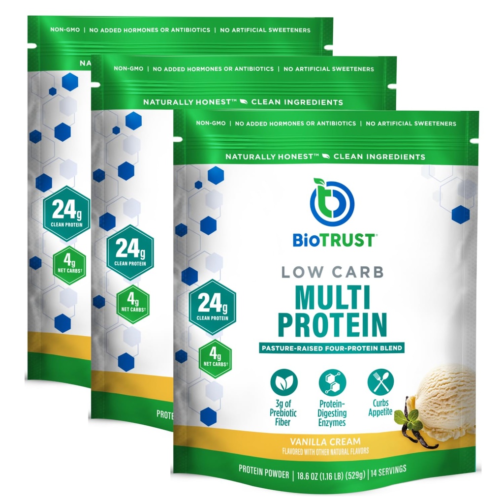 BioTrust Low Carb Protein Powder - Natural and Delicious Whey & Casein Blend from Grass-Fed Hormone Free Cows - Non GMO, Soy Free, Gluten Free, Hormone Free (Vanilla, 3-Pack)