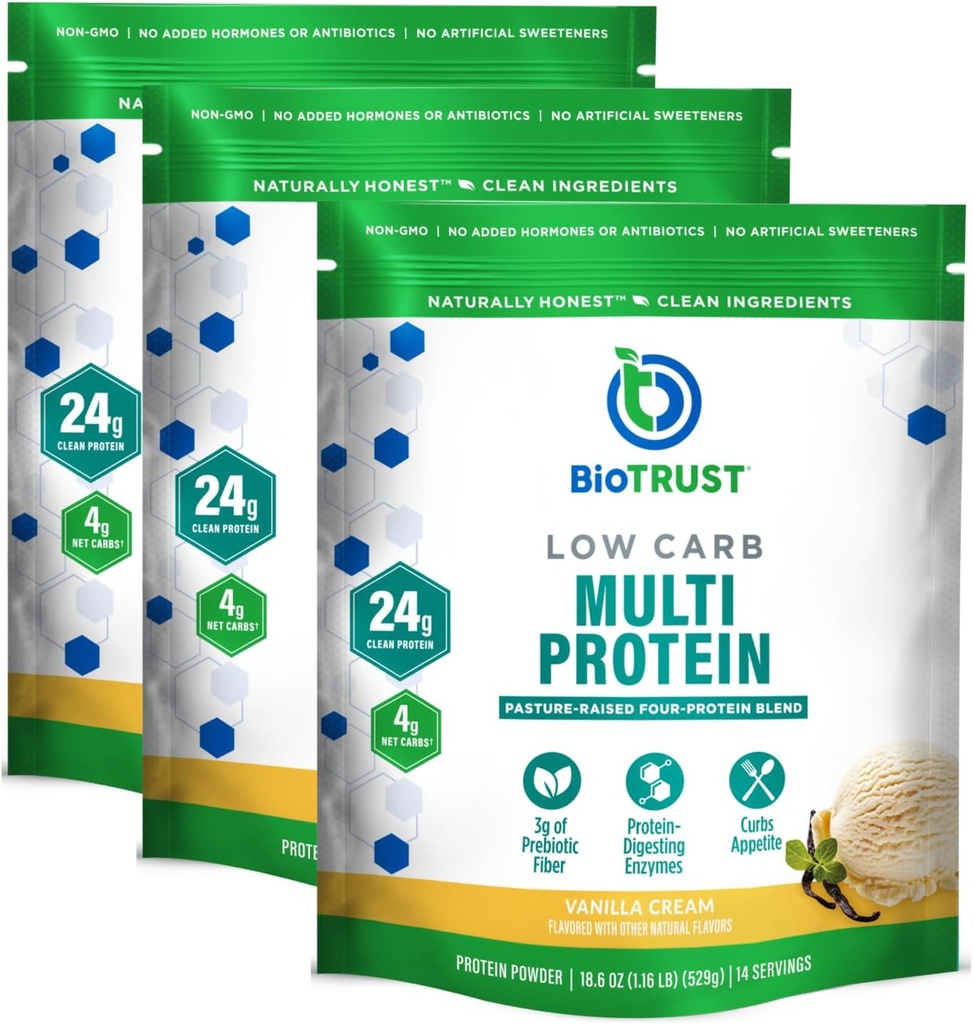 BioTrust Poudre de protéines à faible teneur en glucides – Mélange naturel et délicieux de lactosérum et de la caséine de vaches sans hormones à l'herbe – Non OGM, sans soja, sans gluten, sans hormones (Vanilla, 3-Pack)