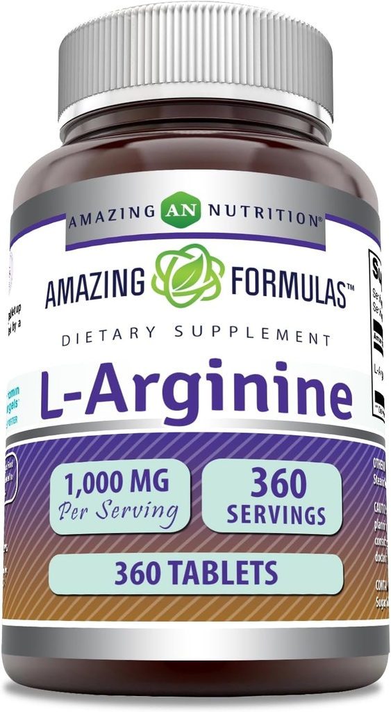Formules étonnantes Supplément L-Arginine de 1000 Mg par portion de comprimés de l'acide amino pour les femmes et les hommes de l'Union Européenne sans gluten de l'Union Européenne (360 comte)