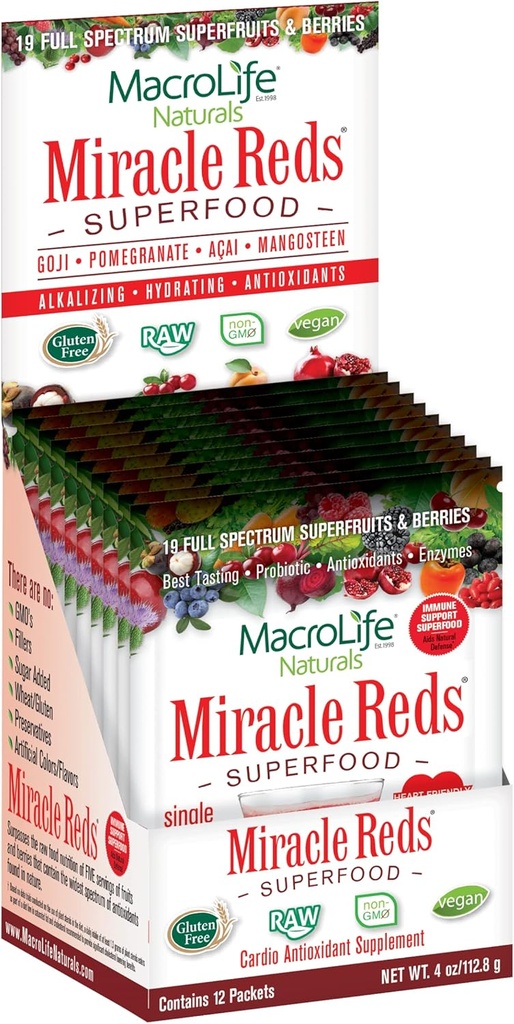 MacroLife Naturals Miracle Reds Superfood Supplément Poudre Antioxydants Polyphénols Enzymes Probiotiques - cru non-OGM Organic Gluten végétalien et sans produits laitiers (12 packet)