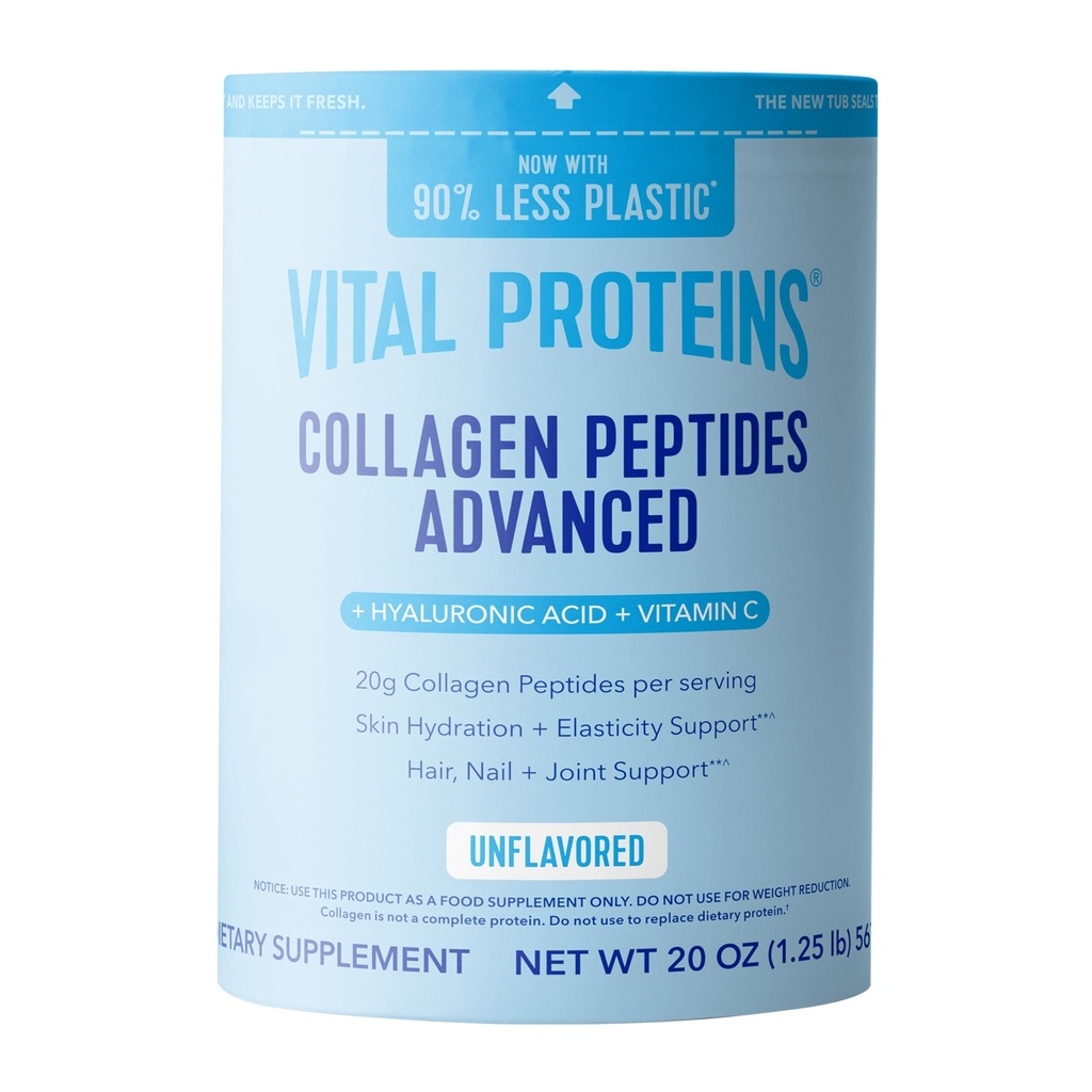 Protéines vitales Peptides de collagène Poudre avec acide hyaluronique et vitamine C, non aromatisé, 20 oz