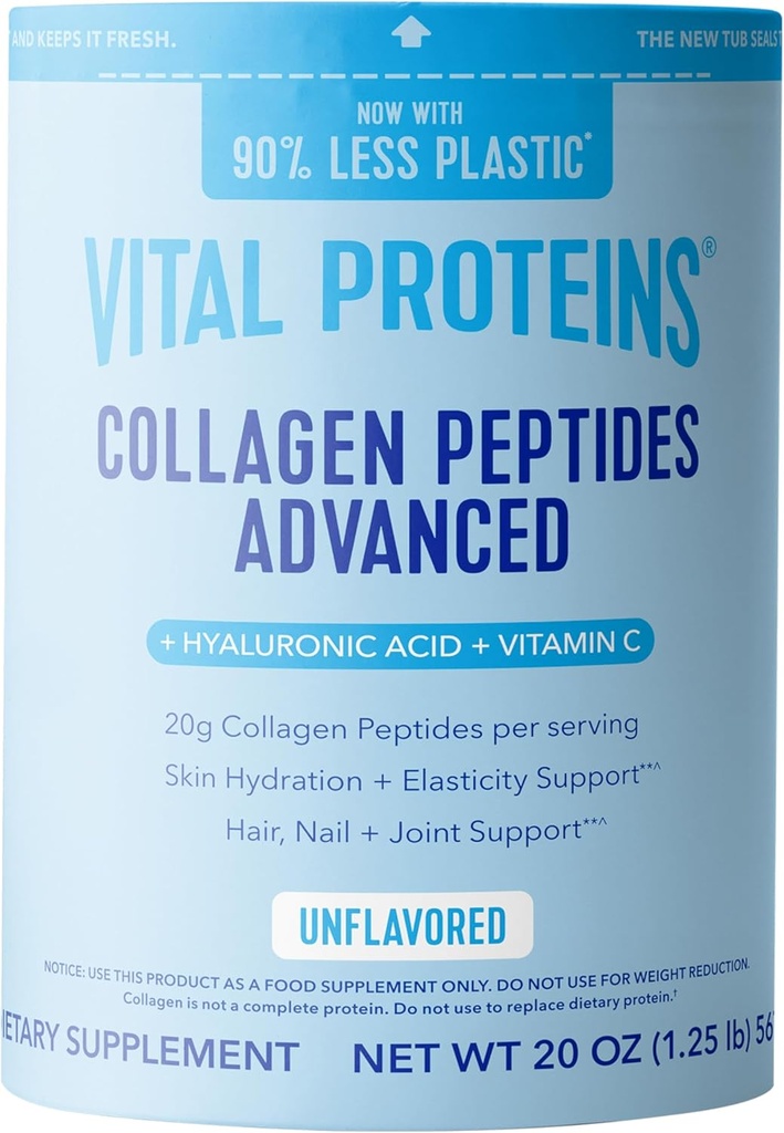 Protéines vitales Peptides de collagène Poudre avec acide hyaluronique et vitamine C, non aromatisé, 20 oz