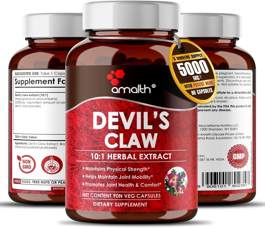 AMALTH Devils Claw Extract 500 mg, 120 Capsules de légumes, Extrait de racines concentrées, Devils Claw Herbal Supplément, Non-OGM, Supplément végétalien