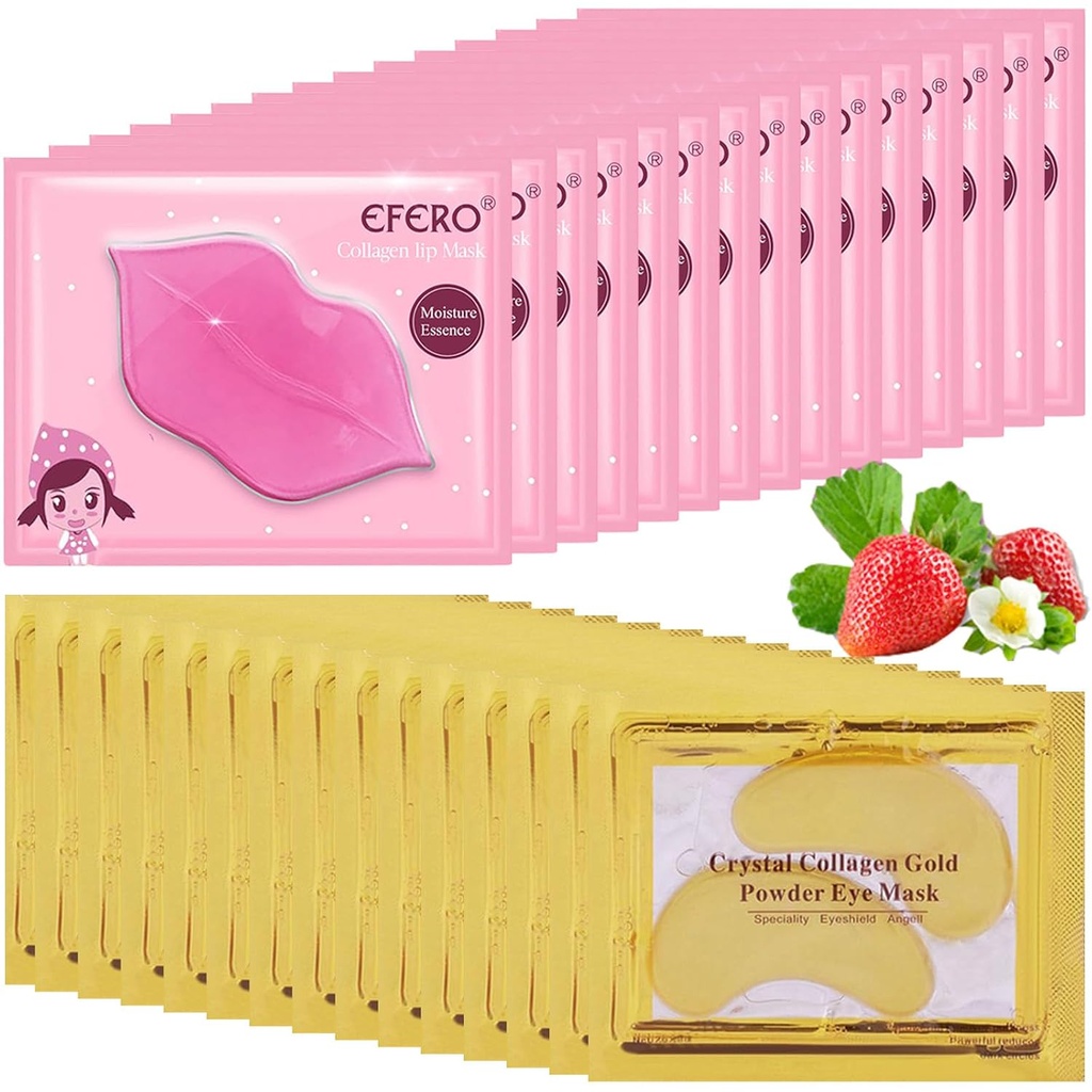 30 Pairs Lip Mask & Under Eye Mask, 24K Gold Crystal Collagen Under Eye Patches for Puffy Eyes, Lip Masks Effectively Nourishes the Lip & Eye Skin, Eye Masks Reducing Fine Lines & Dark Circle