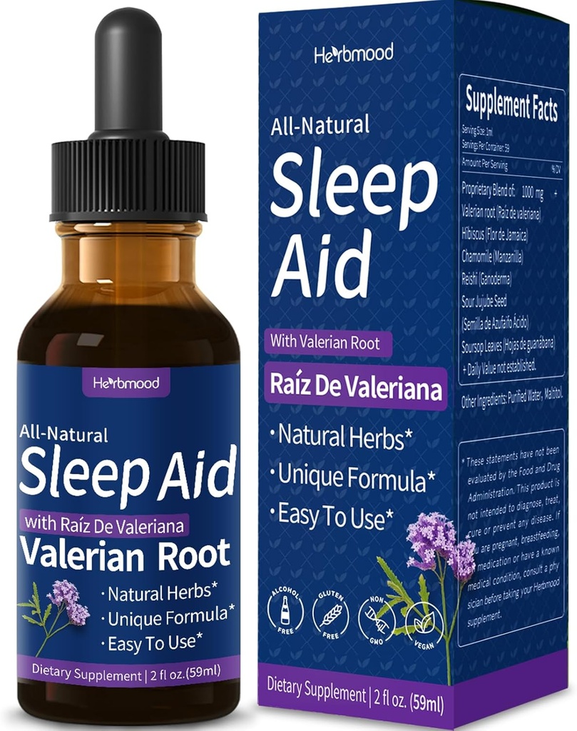 Valerian Root Sleep Support Drops, Gotas de Manzanilla y Flor de Jamaica y Valeriana para Dormir Profundamente, All-Nature Herbal Extract Liquid with Hibiscus & Chamomile. 2oz