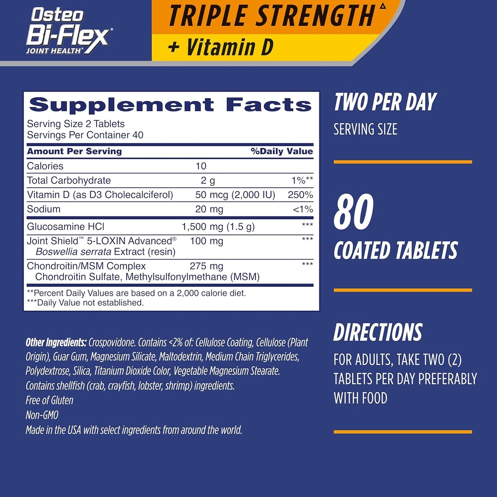 Osteo Bi-Flex Triple Strength(5) avec supplément de santé mixte à la glucosamine de vitamine D, comprimés enduits, 80 comtes (paquet de 2)