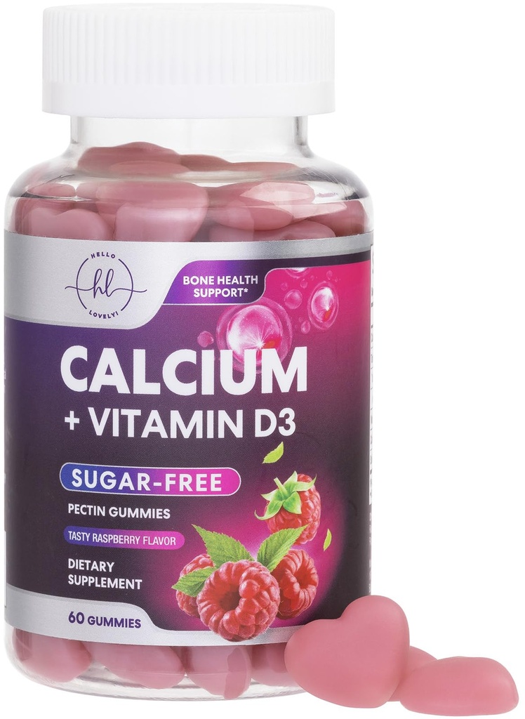 Suppléments de calcium pour les femmes - Gommies de calcium sans sucre avec vitamine D3 pour la force osseuse, les dents et le soutien de la santé immunitaire, croustilles naturelles pour les femmes et les hommes - Aromatisés aux framboises et non-OGM - 60 Gommies
