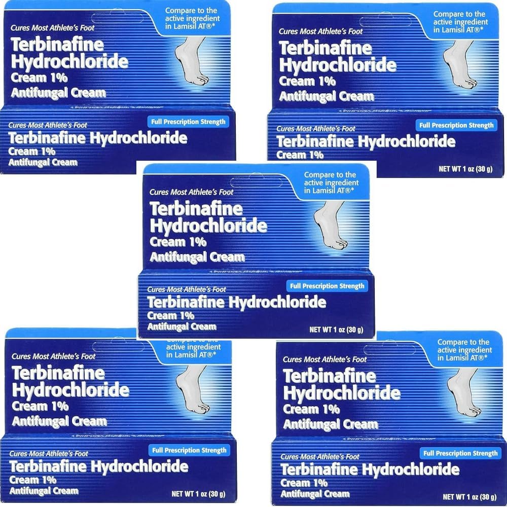 Hydrochlorure de terbinafine 1% pour 1 semaine Athlètes Traitement des pieds Crème antifongique Soulagement rapide des symptômes et prévient la récidive 1 oz (30 g) 5 Pack