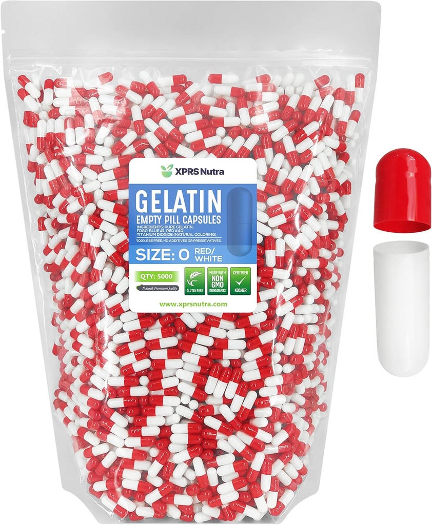 XPRS Nutra Taille 0 Capsules vides - 5000 Compte Capsules de gélatine vides - Pills Bricolage Capsule Remplissage - Pure Pilule à Pilule pour Suppléments Do-It-Youlf (Rouge/Blanc)