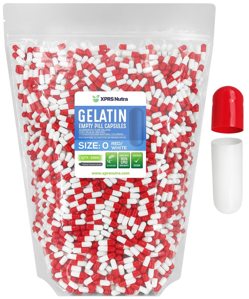 XPRS Nutra Taille 0 Capsules vides - 5000 Compte Capsules de gélatine vides - Pills Bricolage Capsule Remplissage - Pure Pilule à Pilule pour Suppléments Do-It-Youlf (Rouge/Blanc)