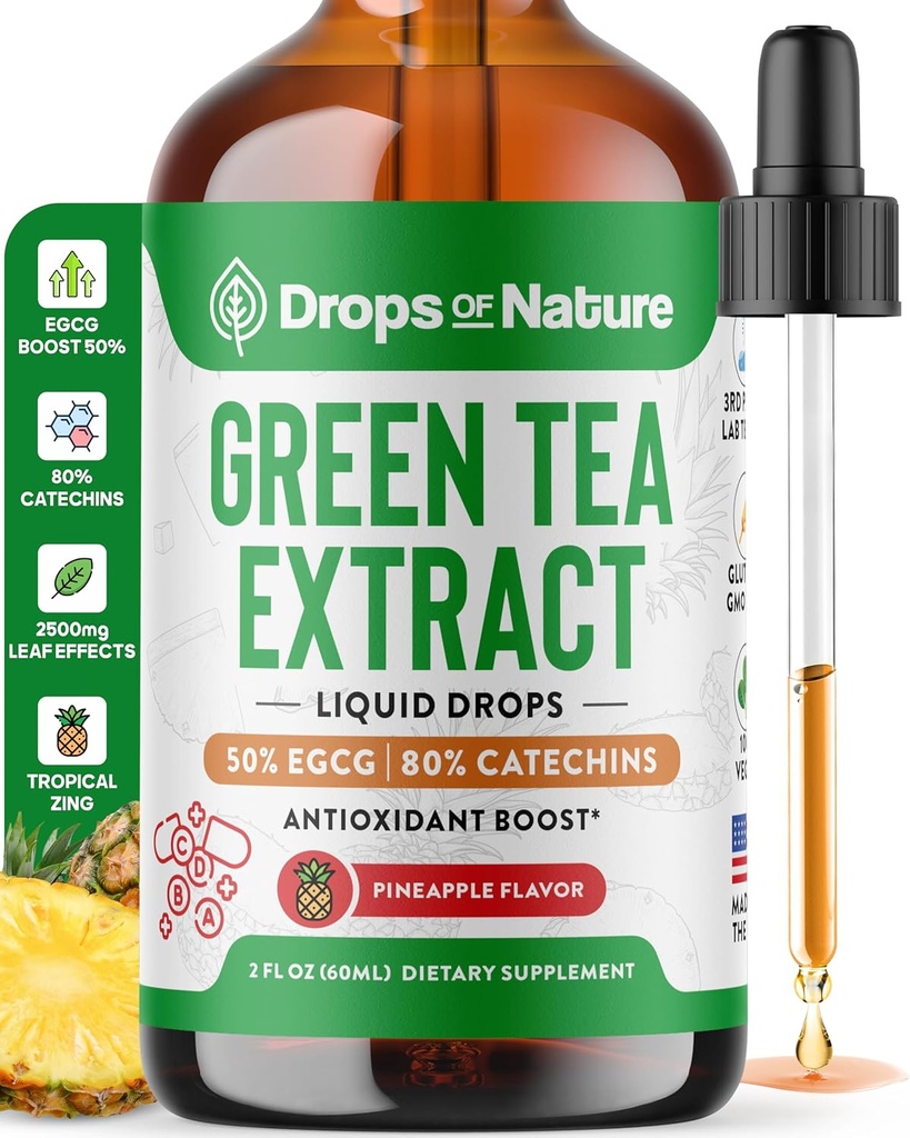 Thé vert 10:1 Extrait 50% EGCG - Gouttes liquides de thé vert - Vegan, 4X plus puissant que les pilules et capsules - 2oz Antioxydant et supplément immunitaire - peau, soutien cardiaque, santé cérébrale et mémoire boost