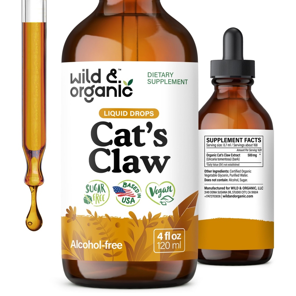 Chats sauvages et biologiques Teinture de griffes - Supplément de soutien immunitaire - Extrait liquide d'herbe de griffes de chats - gouttes à base de légumes, de sucre et d'alcool - 4 fl oz