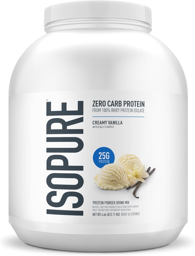 Isopure Zero Carb 100% pur poudre de protéines de lactosérum, sans gluten, avec des vitamines, vanille crémeuse, 25g de protéines par portion, 4,5 lbs, 66 portions (paquetage mai vary)