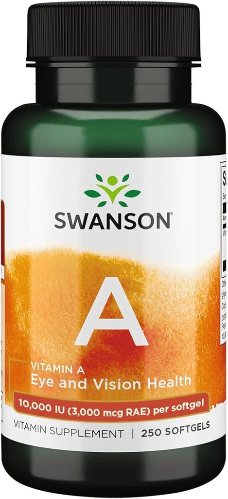 Swanson Vitamine A 10 000 UI (3 000 μg RAE) Nourriture naturelle pour les os, la santé de la peau, le soutien de la vision et le système immunitaire Fonction - Haute absorption Vitamine A 250 Softgels